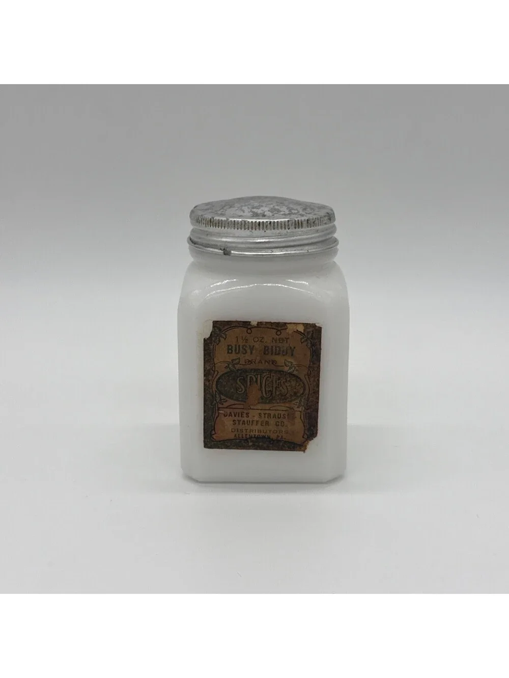 Vintage Milk Glass Spice Jar Busy Biddy Brand Ginger Metal Lid 3.25